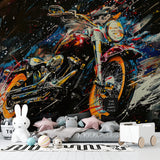 Teen bedroom featuring motorcycle wall mural creating bold focal point