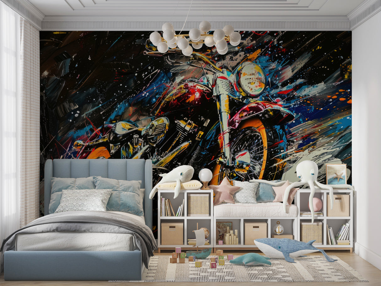 Gaming room with motorcycle graffiti wallpaper adding street style flair