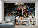 Gaming room with motorcycle graffiti wallpaper adding street style flair
