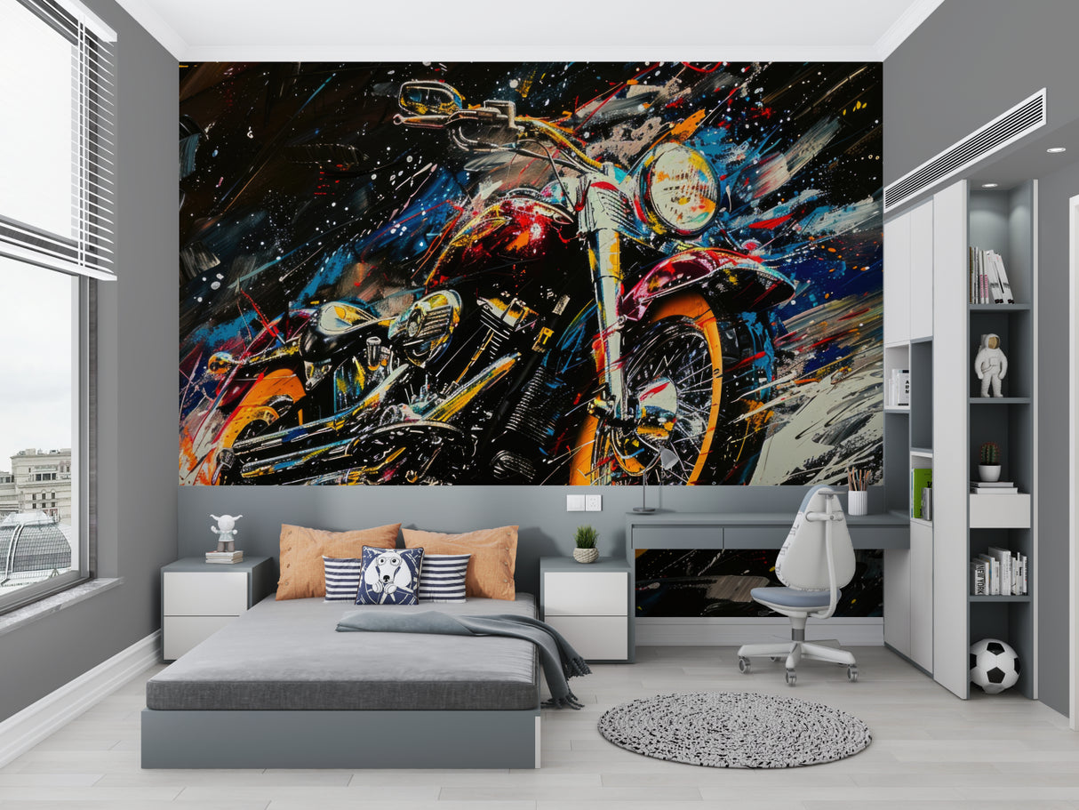 Home office space transformed with dynamic motorcycle splash art mural
