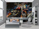 Home office space transformed with dynamic motorcycle splash art mural