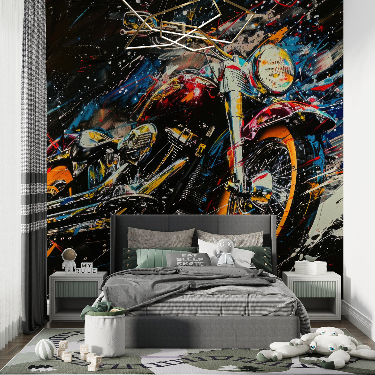Man cave featuring artistic motorcycle wallpaper design with mood lighting