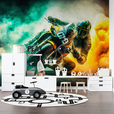Motorcycle racing wallpaper in modern teen bedroom showing dynamic sports action and emerald green backdrop