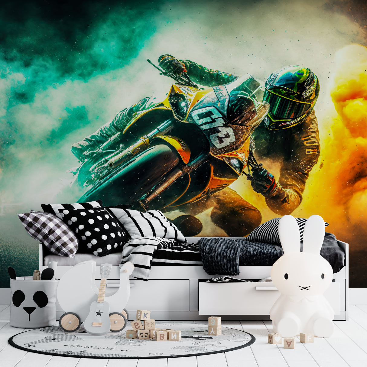 Racing motorcycle mural displayed in gaming room with dramatic lighting effects