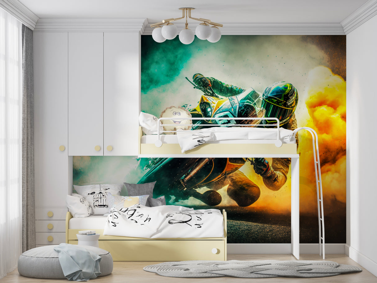 Sports wallpaper featuring motorcycle racer installed in contemporary living room