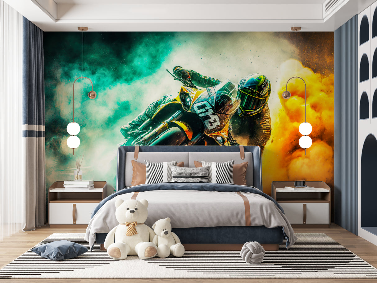 Dynamic motorcycle racing mural bringing energy to home office space