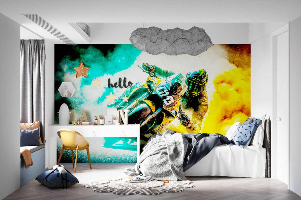 Motorcycle sports wallpaper creating bold statement in man cave setting