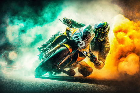 High-resolution design file showing detailed motorcycle racing pattern with emerald and orange color scheme
