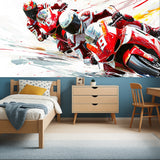 Dynamic Racing Motorcycle Wallpaper in modern teen bedroom showing red bike design against white wall