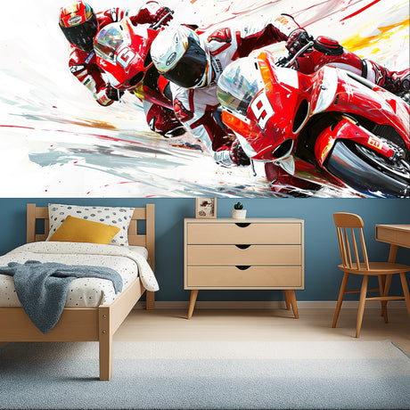 Dynamic Racing Motorcycle Wallpaper in modern teen bedroom showing red bike design against white wall