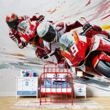 Motorcycle Racing Wallpaper displayed in contemporary game room with gaming setup