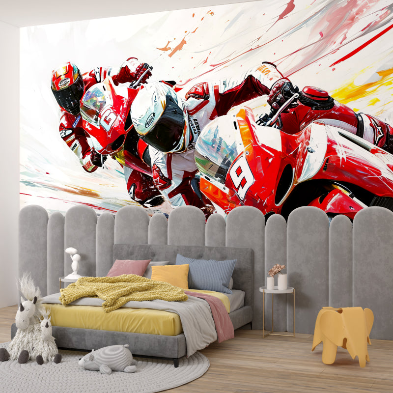 Sports Racing Mural in man cave showing dramatic motorcycle design with lighting
