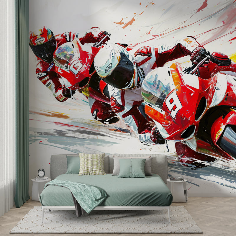 Racing Motorcycle Wall Mural in urban loft space with minimal furniture