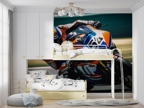 Racing motorcycle wallpaper in modern living room showing orange and blue bike against emerald background