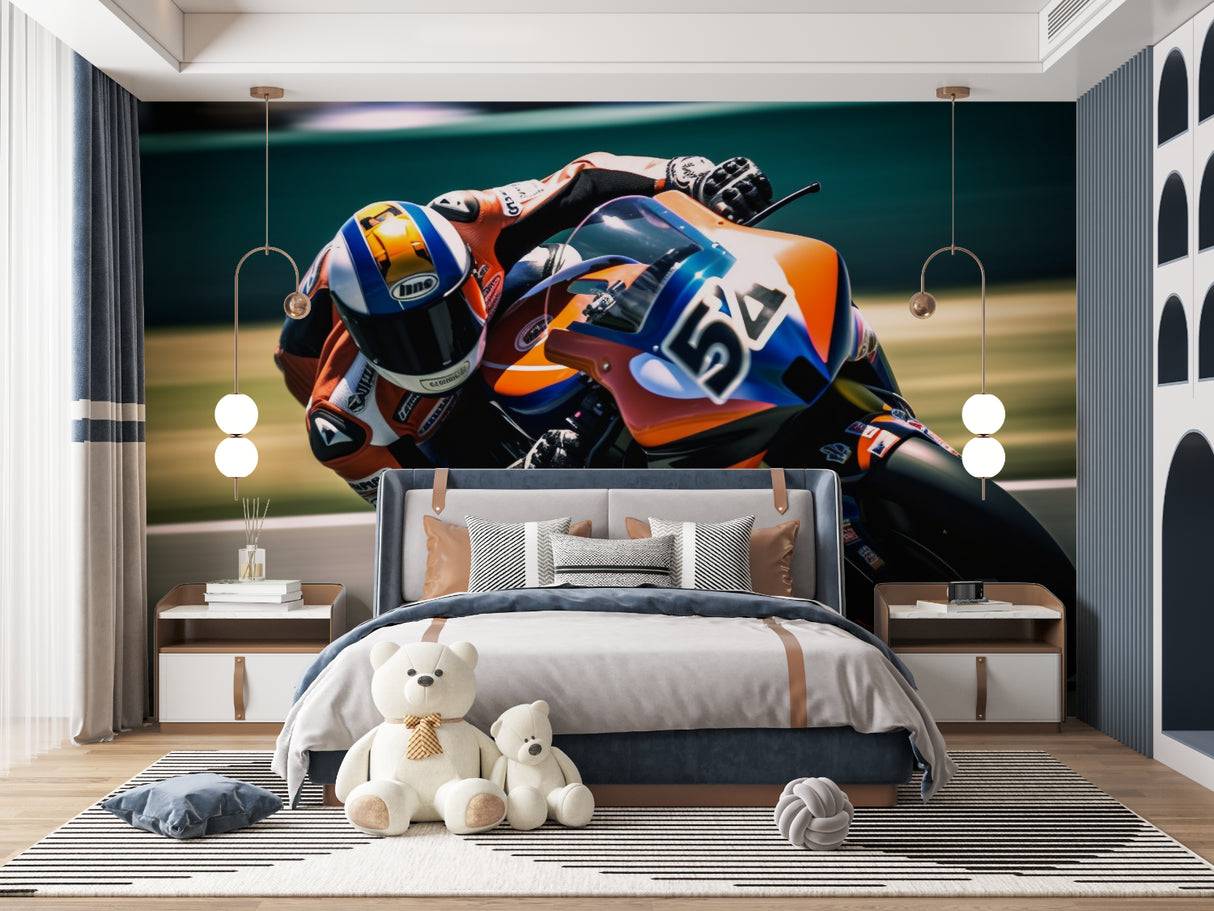 Motorcycle racing mural bringing energy to teen bedroom with dynamic speed effects
