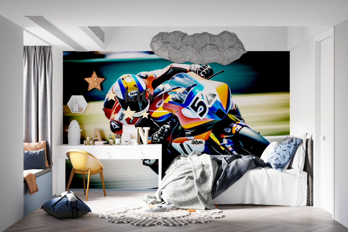 Racing motorcycle wall design creating focal point in home office space