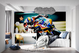 Racing motorcycle wall design creating focal point in home office space