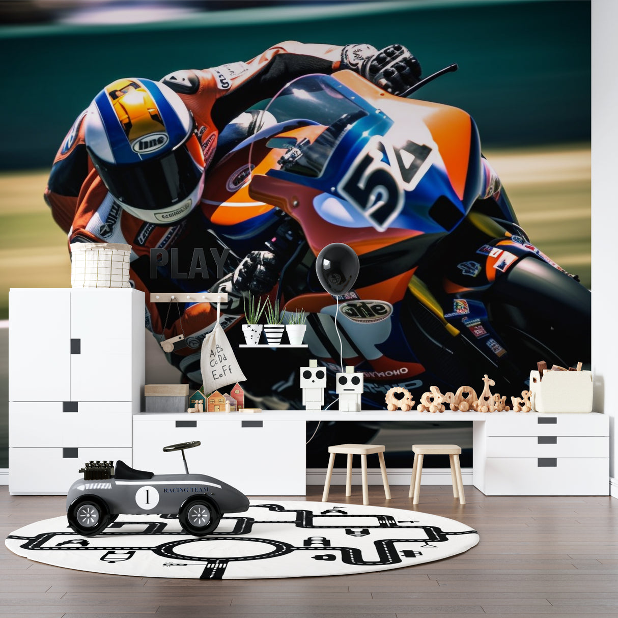 Motorsport mural showcased in man cave with dramatic lighting