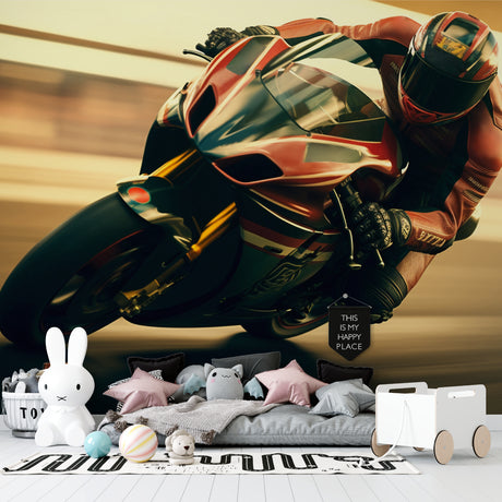 Racing motorcycle wallpaper creating bold impact in modern living room with grey sofa and minimalist decor