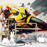 Racing motorcycle wallpaper displayed in modern teen bedroom, showing yellow bike against dynamic background