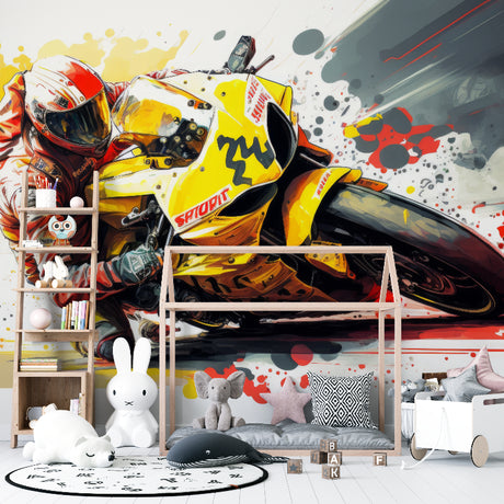 Racing motorcycle wallpaper displayed in modern teen bedroom, showing yellow bike against dynamic background