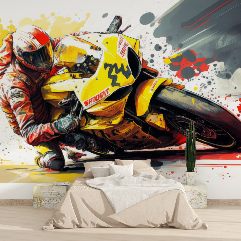 Motorcycle wall mural bringing energy to a stylish gaming room setup