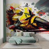 Sports bike wallpaper creating bold statement in contemporary home office