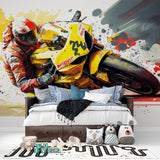 Dynamic racing motorcycle design transforming modern living room wall
