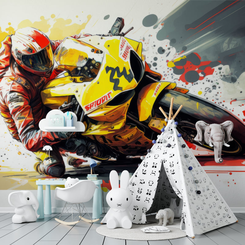 Sports themed motorcycle mural adding excitement to man cave entertainment space