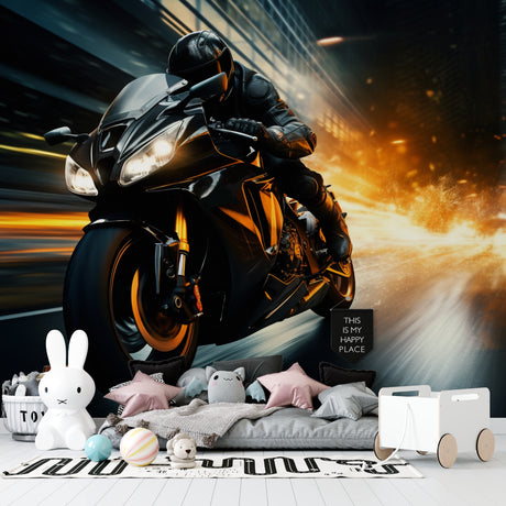 Racing motorcycle wallpaper bringing speed and style to a modern teen bedroom with orange accent lighting