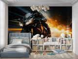Dynamic racing wallpaper showcased in a contemporary home office setting