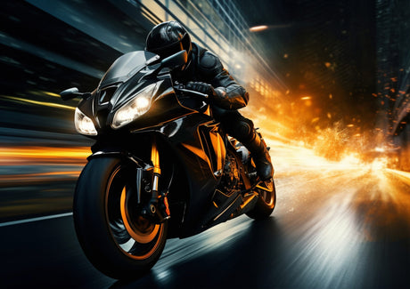 High-resolution design file of racing motorcycle with motion effects and orange sparks