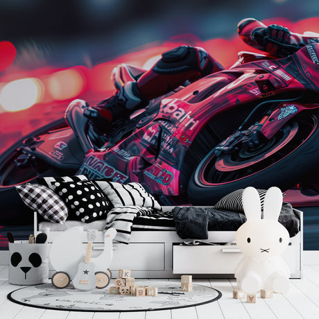 Racing Motorcycle Wallpaper showcased in modern teen bedroom with neon lighting effects