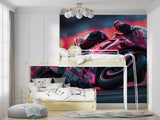 Motorcycle Racing Mural featured in urban style game room with ambient lighting