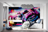 Sports Racing Wallpaper displayed in contemporary man cave setting