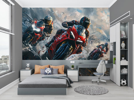 Motorcycle racing wallpaper creating high-energy atmosphere in modern teen bedroom with gaming setup