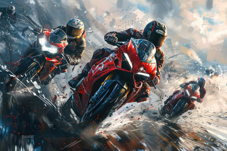 Design file showing detailed racing motorcycles pattern with dramatic storm effects