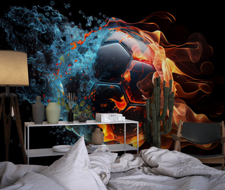 Football mural wallpaper with fire and ice effects in modern teen bedroom showing dynamic colors