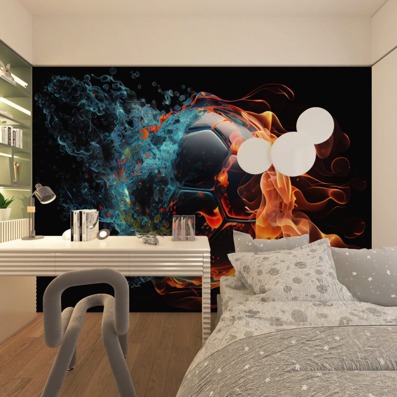Fire and ice football wallpaper creating drama in gaming room interior