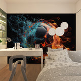 Fire and ice football wallpaper creating drama in gaming room interior