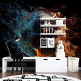 Fire and ice soccer design displayed in modern entertainment room
