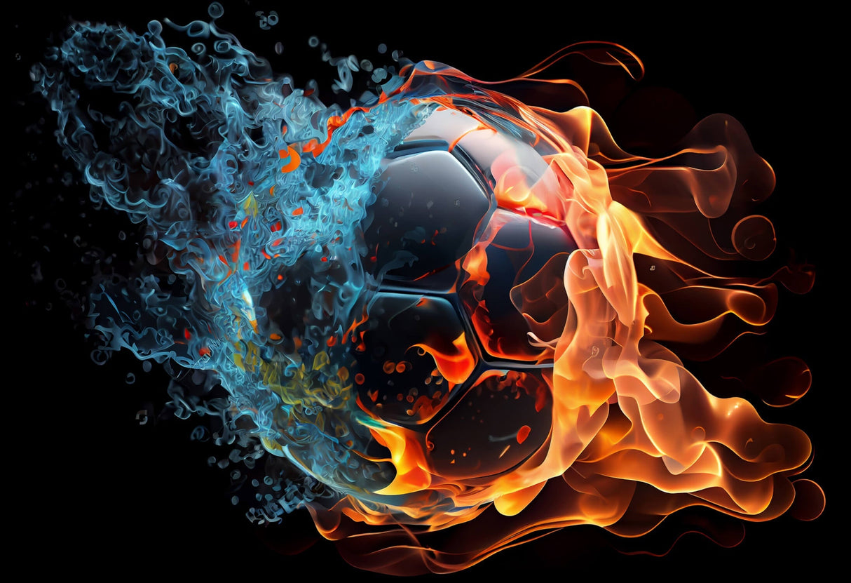 Football wallpaper design file showing detailed fire and ice effects around soccer ball