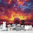 Football stadium sunset mural wallpaper in modern living room showing dramatic orange sky