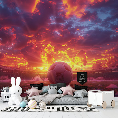 Football stadium sunset mural wallpaper in modern living room showing dramatic orange sky
