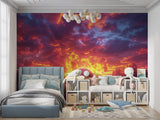 Stadium wallpaper creating atmosphere in teen gaming room with purple sunset glow