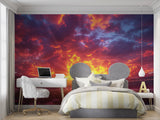 Stadium sunset wallpaper making statement in home gym with dramatic colors