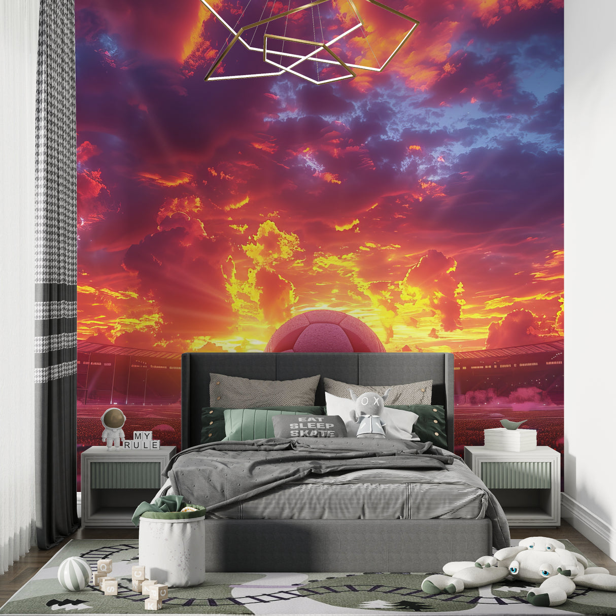 Sports arena mural transforming office space with sunset stadium view