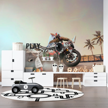 Motorcycle wallpaper mural bringing dynamic energy to a modern living room with black and white furniture