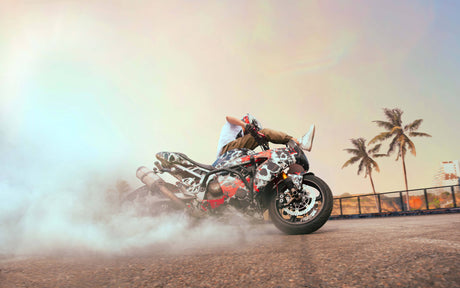 Design file of motorcycle sports wallpaper showing detailed pattern with sunset and palm tree elements