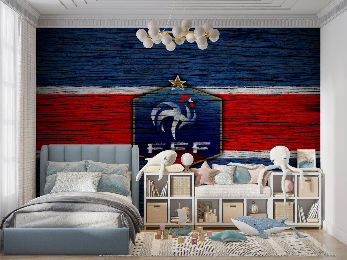 French football team wallpaper displayed in modern game room with leather seating and sports memorabilia